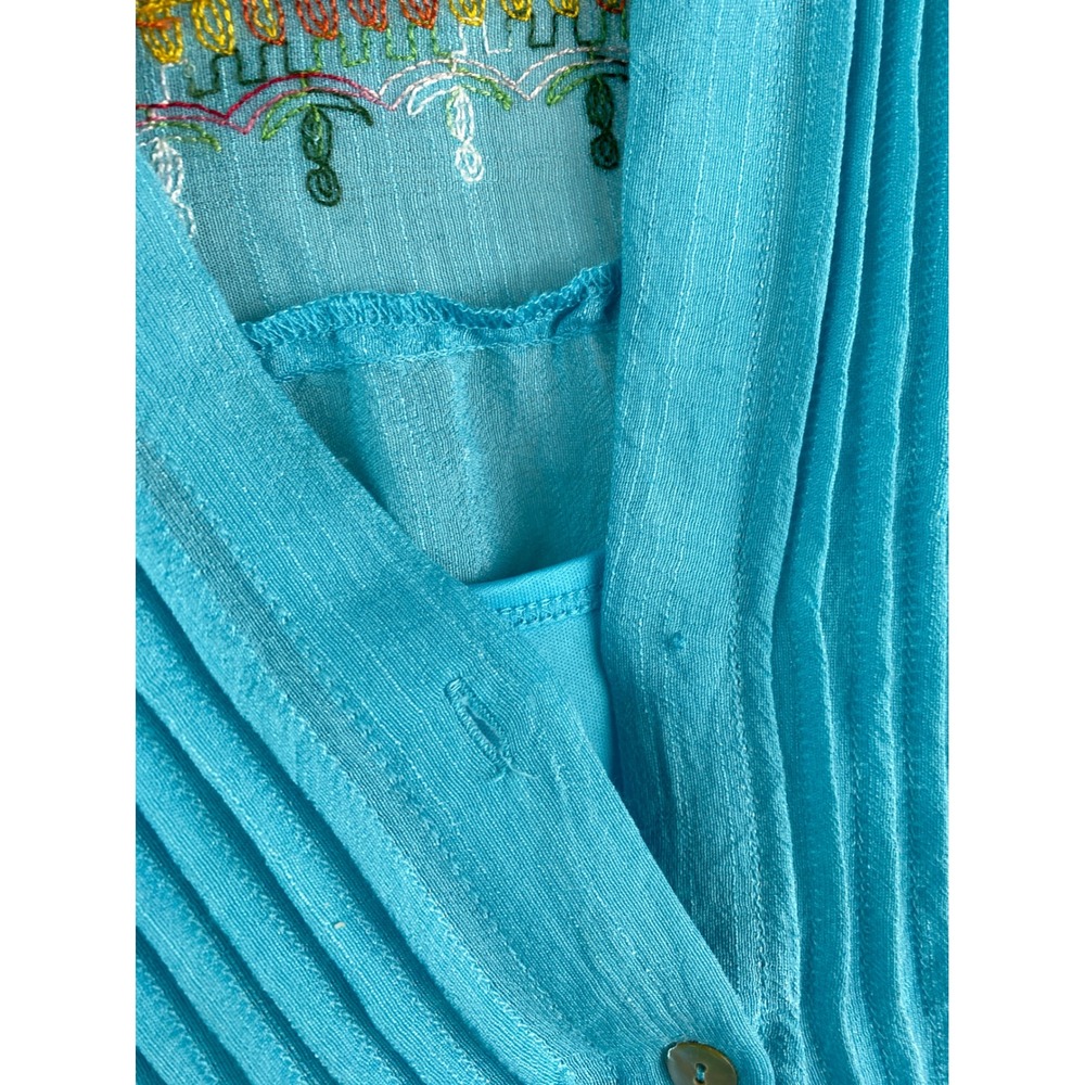 Turquoise Blue Embroidered Peasant Blouse Top Pintuck Floral Boho Balloon Sleeve - Picture 8 of 8
